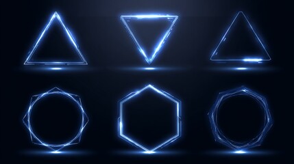 Six glowing blue geometric shapes, including triangles, hexagons, and circles, against dark space