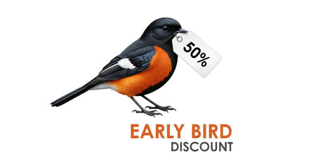 Isolated Bird with 50 Percent Tag in Beak is Promoting Early Bird Discount Offer, Advertisement