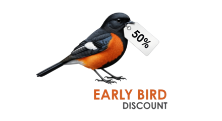 Isolated Bird with 50 Percent Tag in Beak is Promoting Early Bird Discount Offer, Advertisement