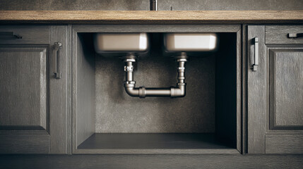 Modern kitchen sink installation with dual basins and plumbing under the counter