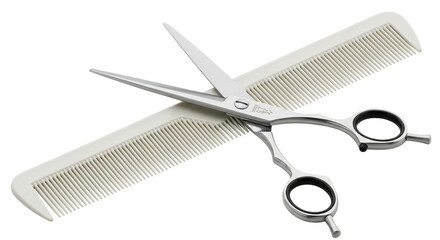 Isolated hairdressing tools, silver salon scissors and ivory comb, equipment for stylists