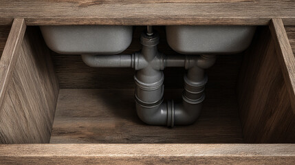 Plumbing system beneath a wooden sink cabinet with gray pipes and connections