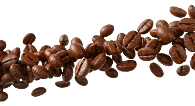A wave of roasted coffee beans, a dynamic border for website headers and cafe menu designs. Transparent Background, Cutout