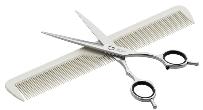 Isolated hairdressing tools, silver salon scissors and ivory comb, equipment for stylists