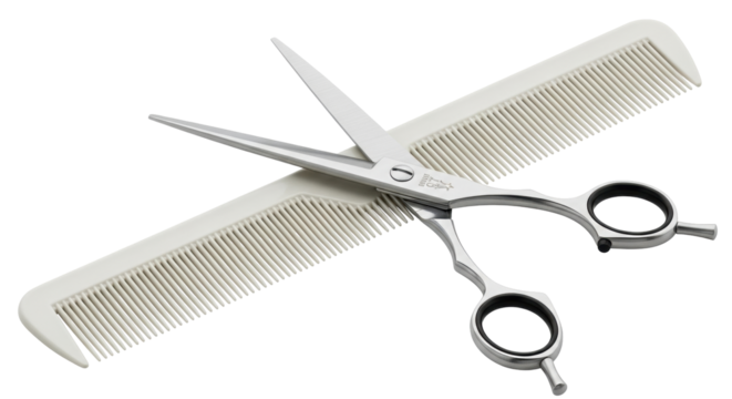 Isolated hairdressing tools, silver salon scissors and ivory comb, equipment for stylists - Powered by Adobe