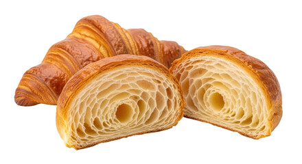Isolated croissants halves and whole croissant, flaky baked pastry, sweet and buttery treat