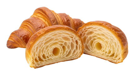 Isolated croissants halves and whole croissant, flaky baked pastry, sweet and buttery treat