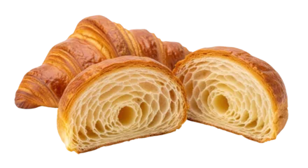 Acrylglasbilder Restaurant Isolated croissants halves and whole croissant, flaky baked pastry, sweet and buttery treat  © Leon