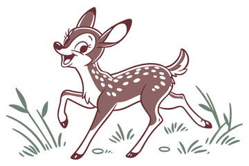 Joyful Cartoon Deer Running, Brown and White Fur, Happy Expression, Art