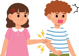 Upset girl pinch boy's arm, moody girl tease her friend by pinch, Boy was pinched by young girl and feel pain illustration
