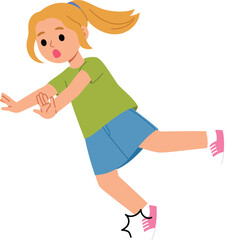 accent situation, young girl tripping and almost falling on the ground, cute kid stumbling and losing balance while walking illustration