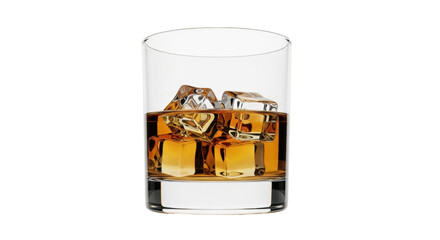 Isolated single glass of whiskey with ice cubes ready to drink premium alcohol spirit