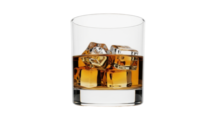 Isolated single glass of whiskey with ice cubes ready to drink premium alcohol spirit