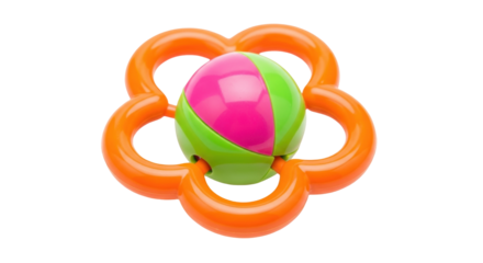 Isolated flower-shaped toy, pink, green ball in the center, orange loops for baby hands