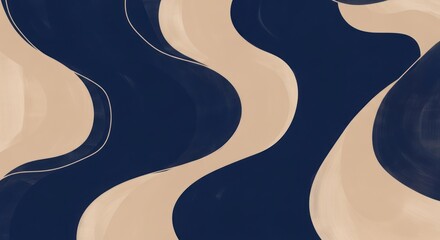 Abstract, blue and beige wave-like shapes on a dark blue background.