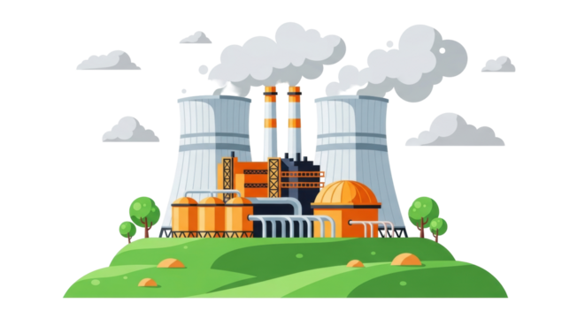 Isolated cartoon nuclear power plant generating clean energy for sustainable future source