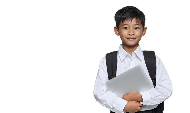 Young Asian schoolboy with backpack smiles confidently, holding a laptop, ready for learning - Powered by Adobe