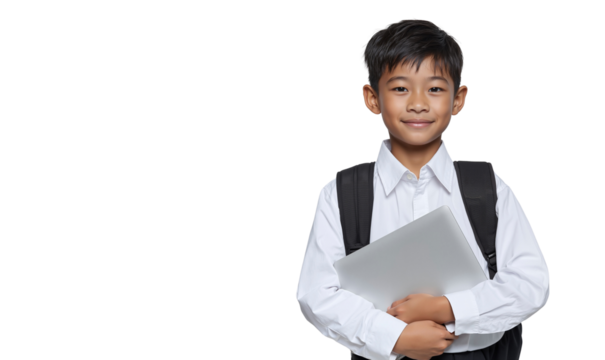 Young Asian schoolboy with backpack smiles confidently, holding a laptop, ready for learning
