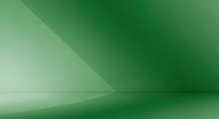 Green and white gradient background with geometric shapes.