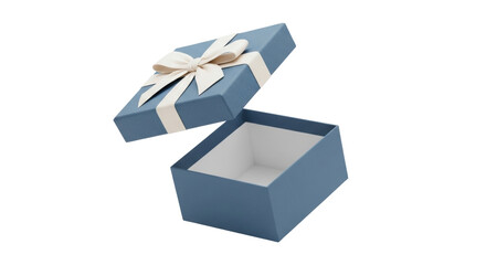 Isolated blue gift box, ribbon and bow, open present for surprise birthday and celebration