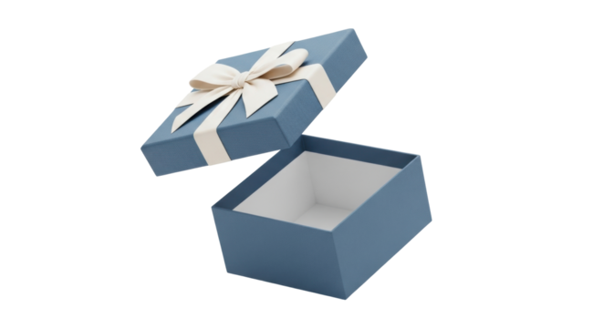 Isolated blue gift box, ribbon and bow, open present for surprise birthday and celebration