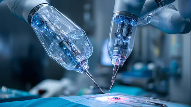 Close-Up of Robotic Arms Conducting Precision Surgery with Advanced Medical Instruments in a High-Tech Operating Room
