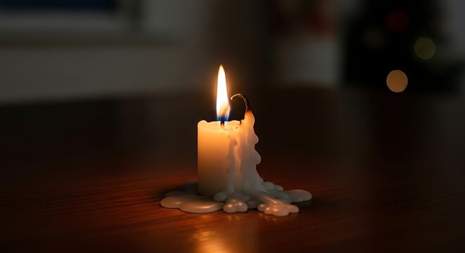 A single candle burning brightly with wax dripping down onto a wooden surface in a dim environment