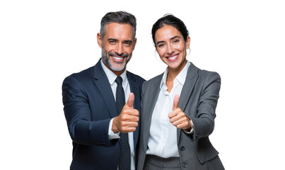 Two enthusiastic business professionals smiling together and give thumbs up, symbolizing excellent teamwork