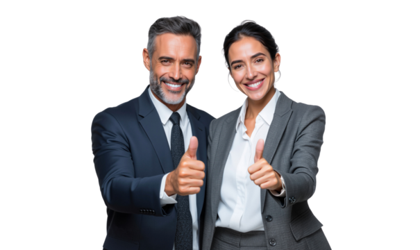 Two enthusiastic business professionals smiling together and give thumbs up, symbolizing excellent teamwork
