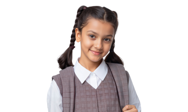 Sweet and confident young schoolgirl with braided pigtails, wearing a uniform and backpack, smiles warmly, ready for learn something - Powered by Adobe