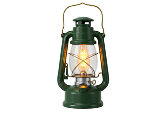 Green vintage kerosene lantern isolated on transparent background, camping light PNG for outdoor adventure and emergency use © pixogram