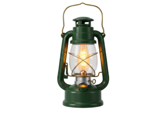 Green vintage kerosene lantern isolated on transparent background, camping light PNG for outdoor adventure and emergency use