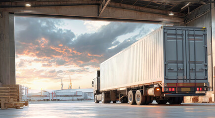 Cargo truck parked at loading area with open trailer door ready