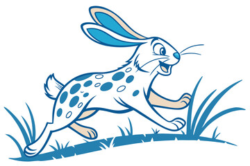 Joyful Cartoon Hare Running Through Grass with Blue Accents