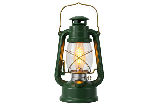 Green vintage kerosene lantern isolated on transparent background, camping light PNG for outdoor adventure and emergency use