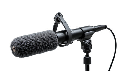 Professional Shotgun Microphone with Shock Mount, Telescoping Stand, and Gray Windscreen Muff Isolated on Transparent Background