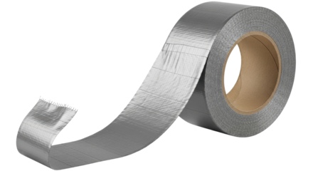 Isolated roll of silver duct tape, grey adhesive tape, sticky construction material repair item