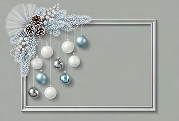 Fototapeta premium Elegant Christmas frame with mirrored toys and pine cones on the left for festive winter wall decoration, with space for text.