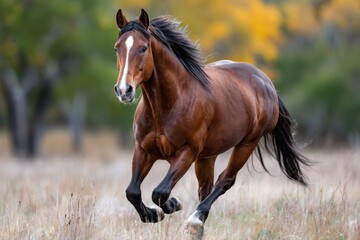 Obraz premium Bay Horse Galloping in Autumn Field