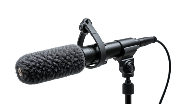 Professional Shotgun Microphone with Shock Mount, Telescoping Stand, and Gray Windscreen Muff Isolated on Transparent Background