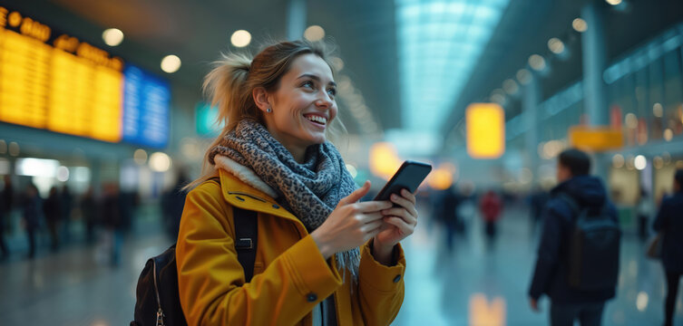 Woman smiles at airport with phone. Female traveler checks flight information on smartphone in departure lounge. Young tourist with backpack. Happy passenger uses app in terminal. - Powered by Adobe