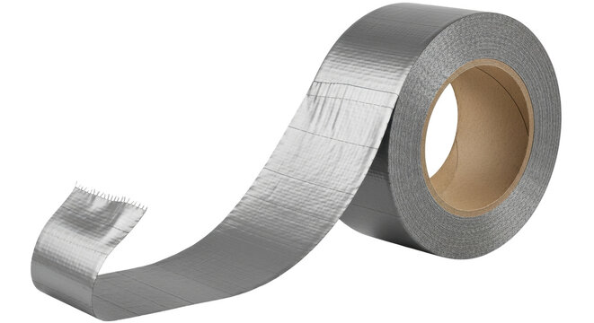 Isolated roll of silver duct tape, grey adhesive tape, sticky construction material repair item