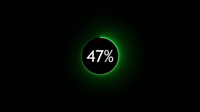 Abstract glowing neon circle loading bar animation on black background .  Neon circle in charging percent icon. futuristic technology concept on animation video.. 47%  charge available right now 