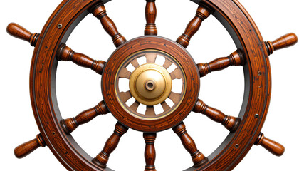 Classic Wooden Ship Steering Wheel with Brass Hub Isolated on White Background – Nautical Antique Detail isolated on transparent background