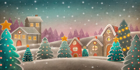 Christmas holiday lifestyle scene with decorated pine tree and cozy houses under snowfall in winter evening