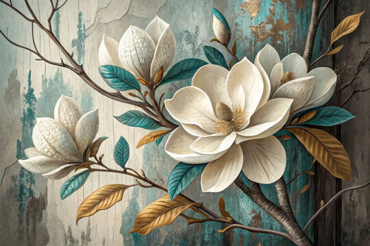 Magnolia flowers with blue and gold leaves on a textured background