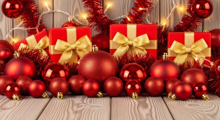 Christmas Background with Red Baubles and Tinsel on Wooden Table