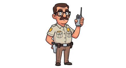 Isolated cartoon sheriff using radio, law enforcement officer with uniform and glasses