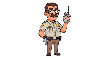 Isolated cartoon sheriff using radio, law enforcement officer with uniform and glasses