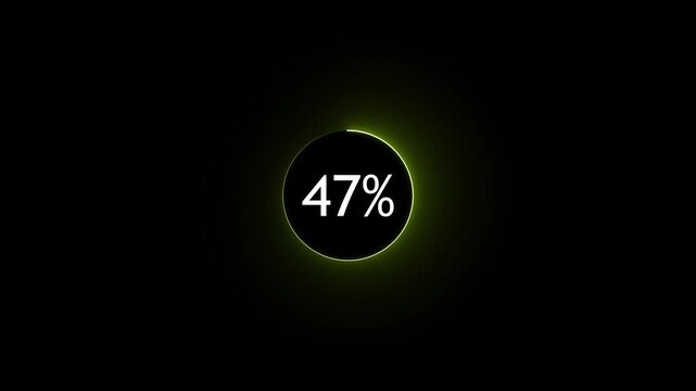 Abstract glowing neon circle loading bar animation on black background .  Neon circle in charging percent icon. futuristic technology concept on animation video.. 47%  charge available right now 